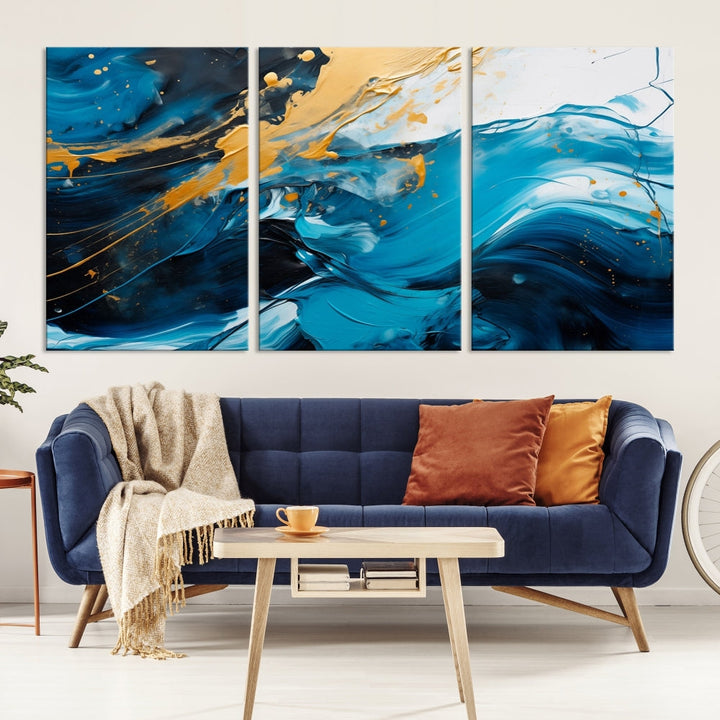 Nautical Ocean Blue Abstract Canvas Wall Art Print Extra Large Artwork for Living Room