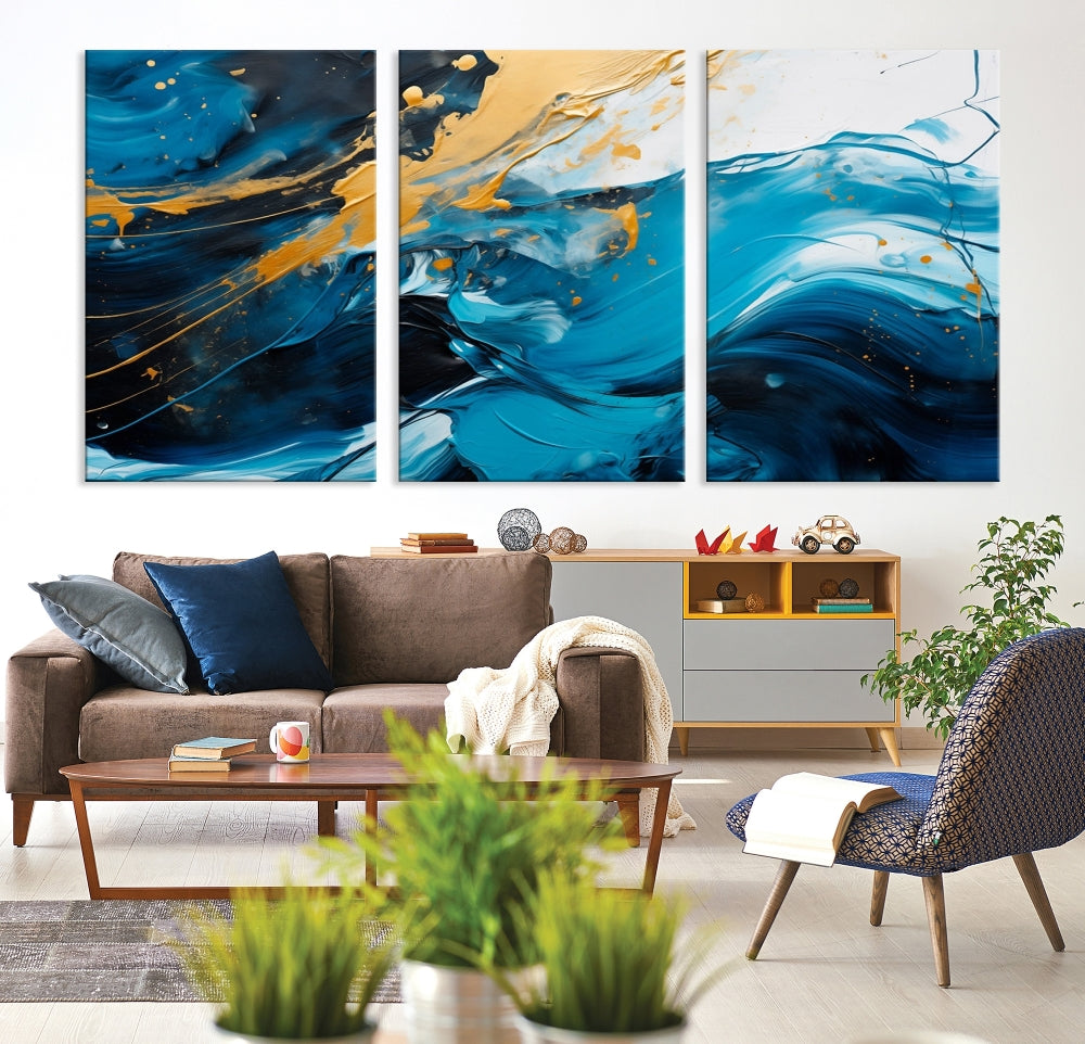 Nautical Ocean Blue Abstract Canvas Wall Art Print Extra Large Artwork for Living Room