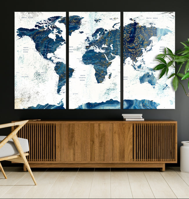 Navy Blue Abstract World Map Canvas Painting Framed Wall Art Canvas Print