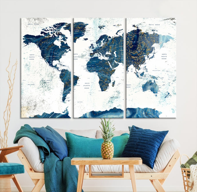 Navy Blue Abstract World Map Canvas Painting Framed Wall Art Canvas Print