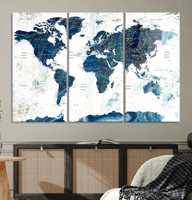 Navy Blue Abstract World Map Canvas Painting Framed Wall Art Canvas Print