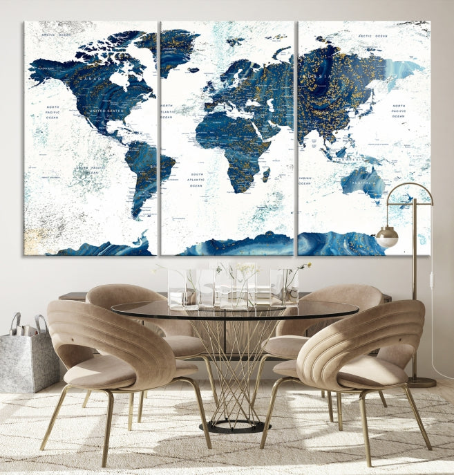 Navy Blue Abstract World Map Canvas Painting Framed Wall Art Canvas Print