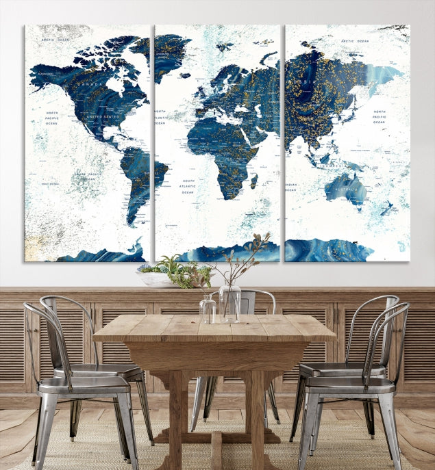 Navy Blue Abstract World Map Canvas Painting Framed Wall Art Canvas Print