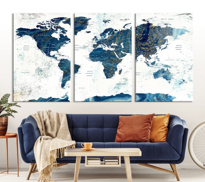 Navy Blue Abstract World Map Canvas Painting Framed Wall Art Canvas Print