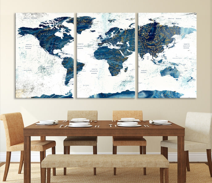 Navy Blue Abstract World Map Canvas Painting Framed Wall Art Canvas Print