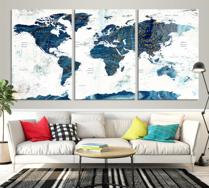 Navy Blue Abstract World Map Canvas Painting Framed Wall Art Canvas Print