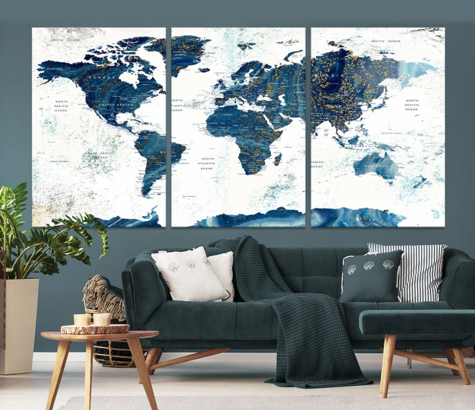 Navy Blue Abstract World Map Canvas Painting Framed Wall Art Canvas Print