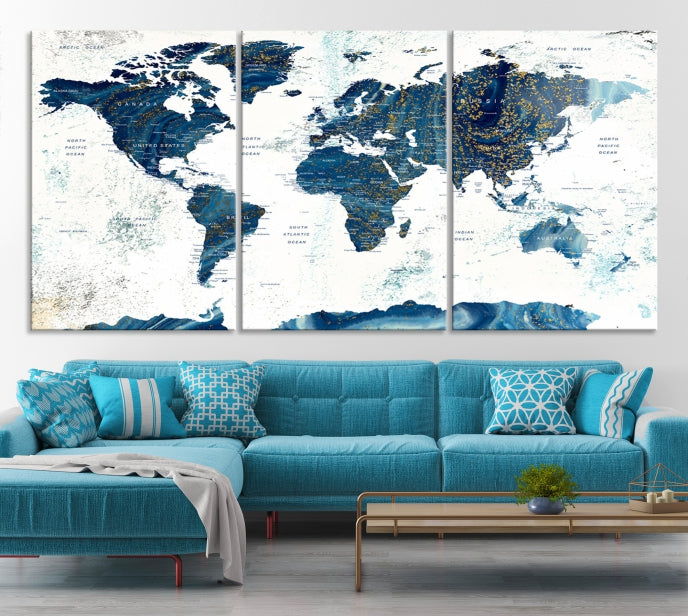 Navy Blue Abstract World Map Canvas Painting Framed Wall Art Canvas Print