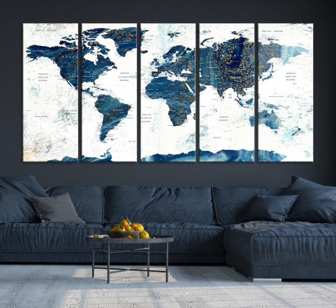 Navy Blue Abstract World Map Canvas Painting Framed Wall Art Canvas Print