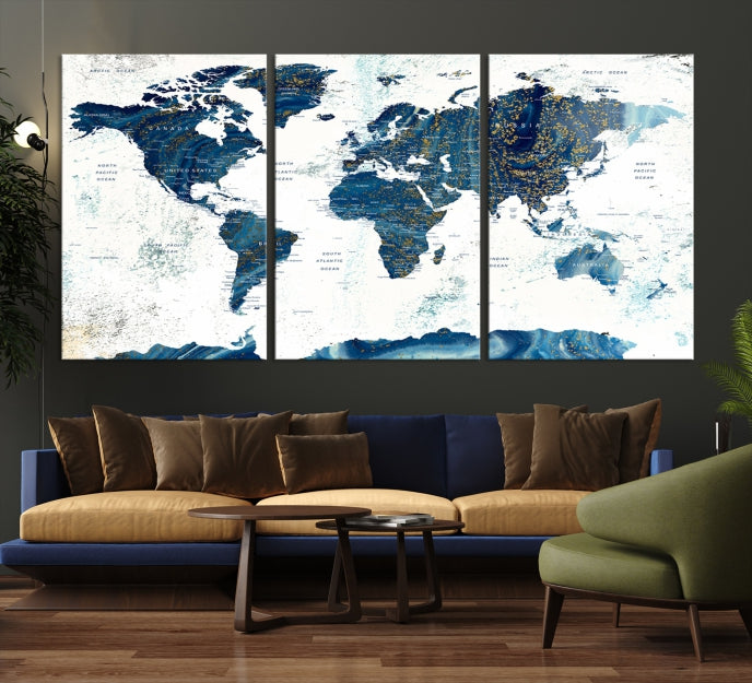 Navy Blue Abstract World Map Canvas Painting Framed Wall Art Canvas Print