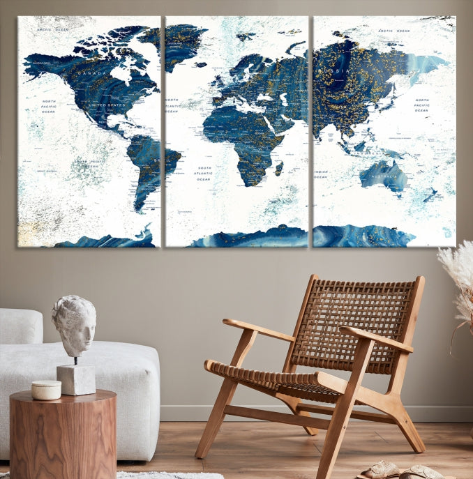 Navy Blue Abstract World Map Canvas Painting Framed Wall Art Canvas Print