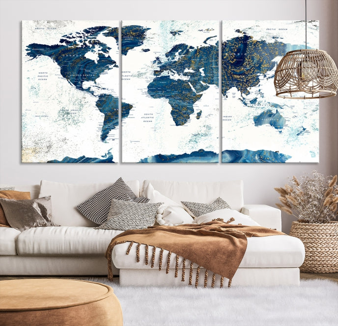 Navy Blue Abstract World Map Canvas Painting Framed Wall Art Canvas Print