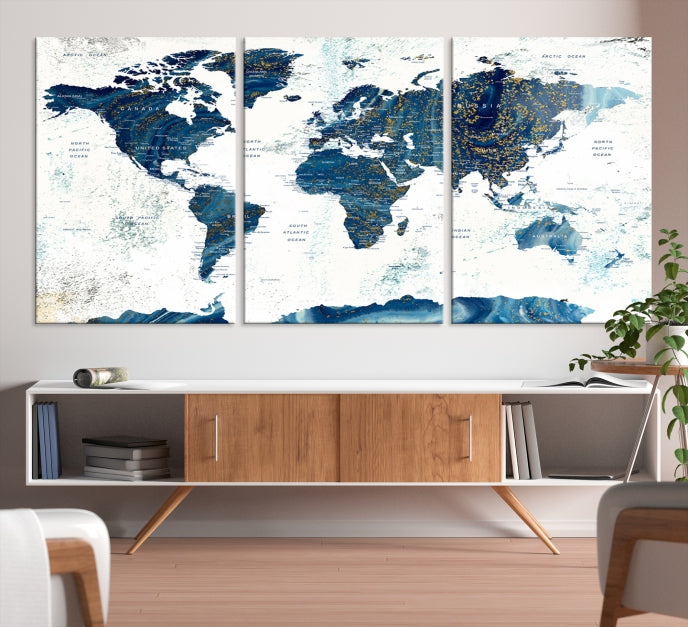 Navy Blue Abstract World Map Canvas Painting Framed Wall Art Canvas Print