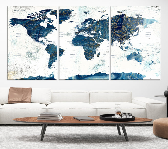 Navy Blue Abstract World Map Canvas Painting Framed Wall Art Canvas Print