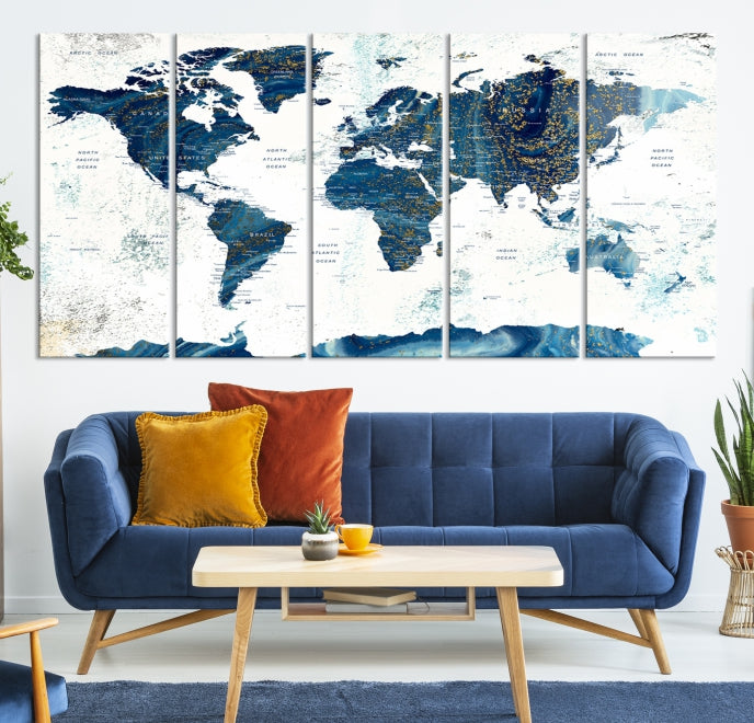 Navy Blue Abstract World Map Canvas Painting Framed Wall Art Canvas Print