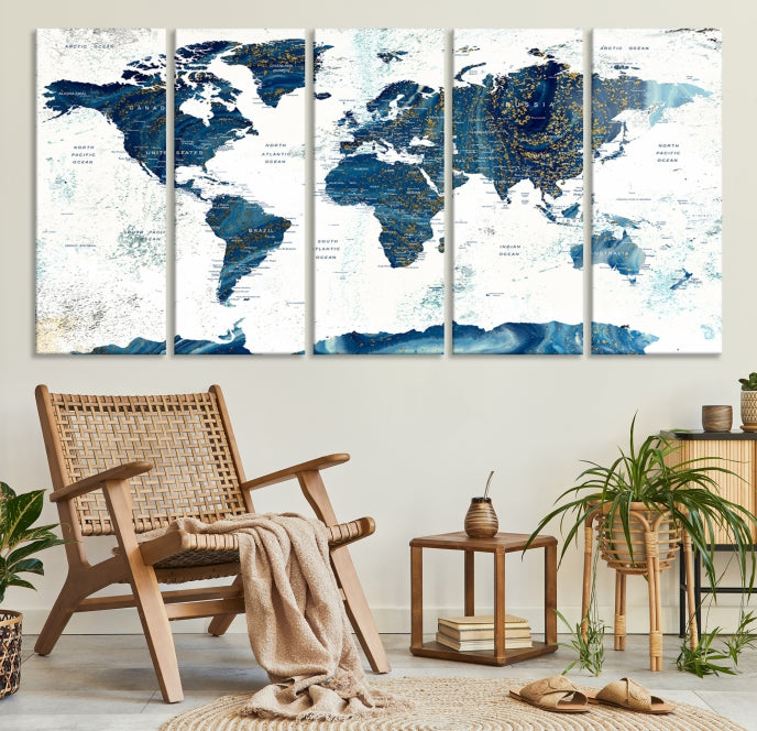 Navy Blue Abstract World Map Canvas Painting Framed Wall Art Canvas Print