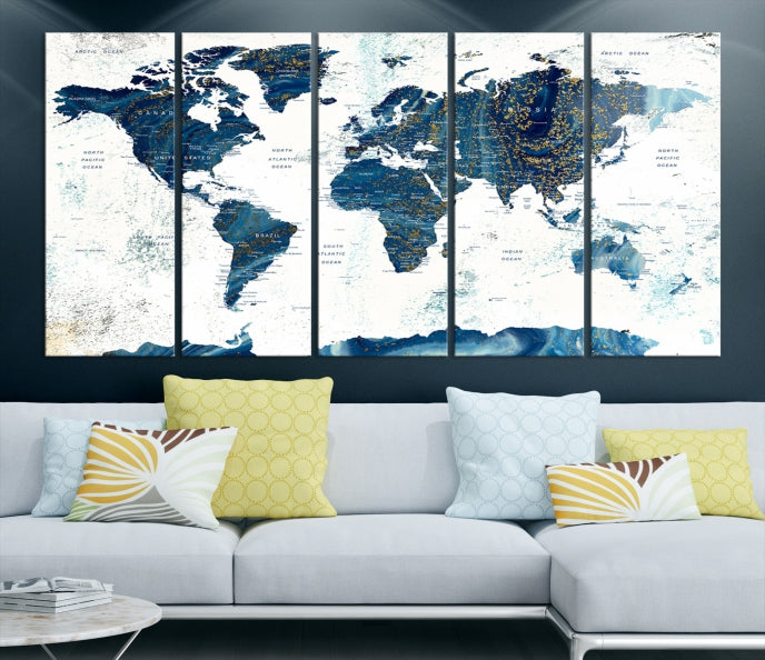 Navy Blue Abstract World Map Canvas Painting Framed Wall Art Canvas Print