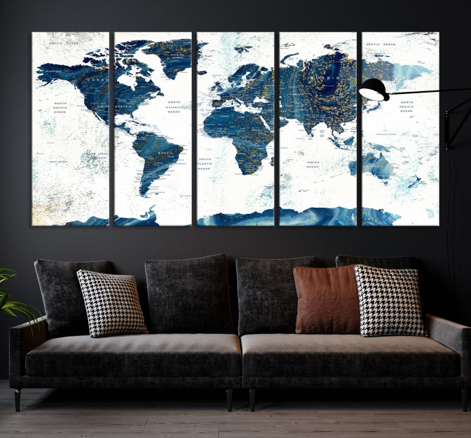 Navy Blue Abstract World Map Canvas Painting Framed Wall Art Canvas Print