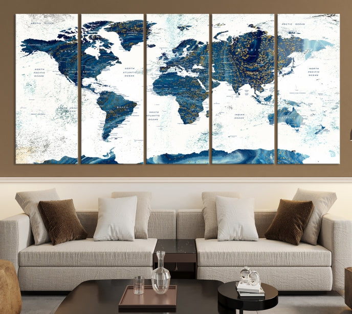 Navy Blue Abstract World Map Canvas Painting Framed Wall Art Canvas Print