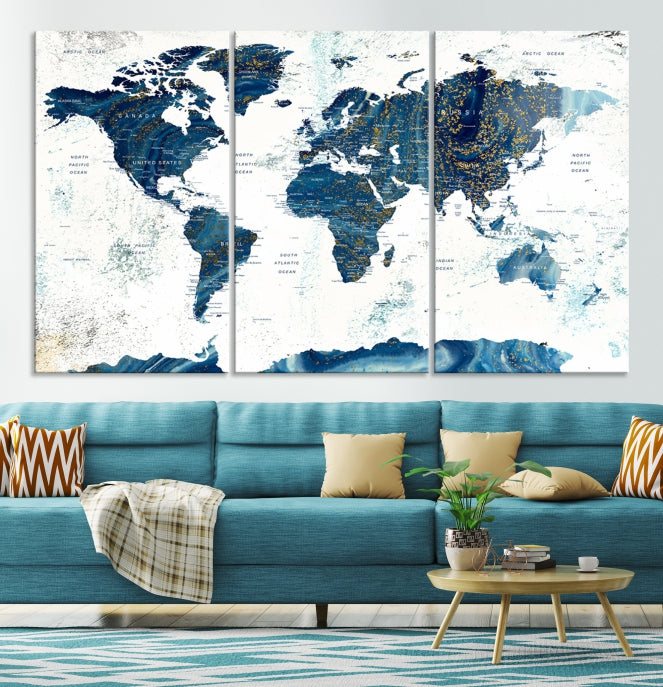 Navy Blue Abstract World Map Canvas Painting Framed Wall Art Canvas Print