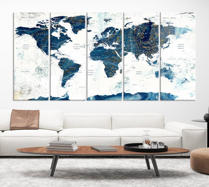 Navy Blue Abstract World Map Canvas Painting Framed Wall Art Canvas Print