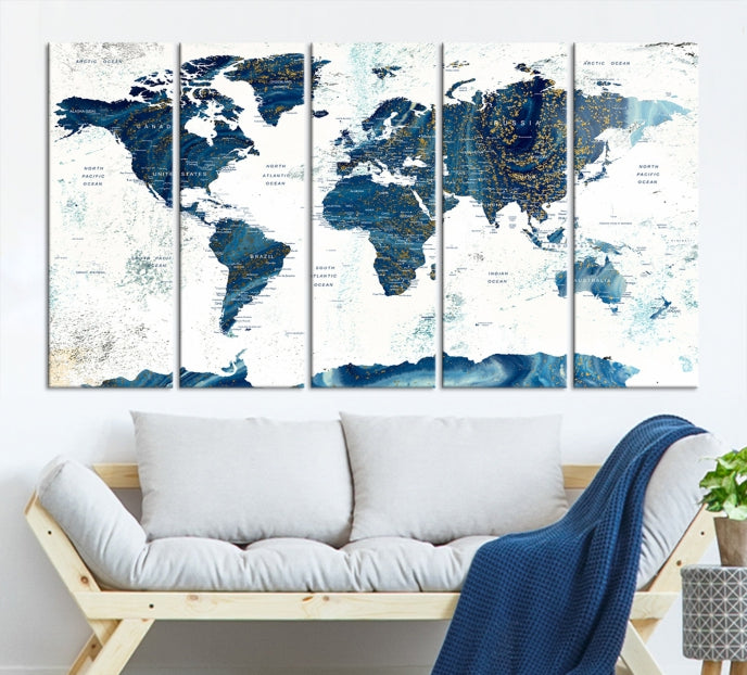 Navy Blue Abstract World Map Canvas Painting Framed Wall Art Canvas Print