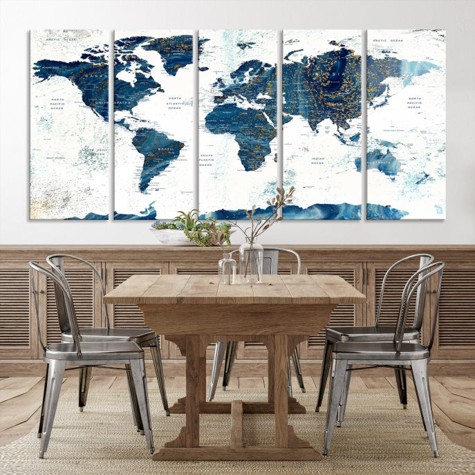 Navy Blue Abstract World Map Canvas Painting Framed Wall Art Canvas Print