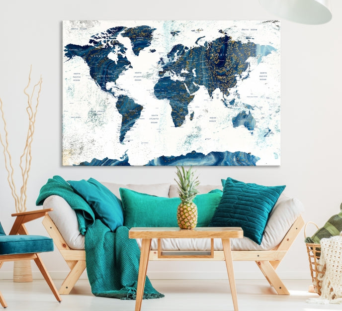 Navy Blue Abstract World Map Canvas Painting Framed Wall Art Canvas Print