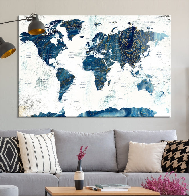 Navy Blue Abstract World Map Canvas Painting Framed Wall Art Canvas Print