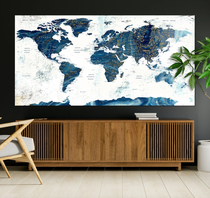 Navy Blue Abstract World Map Canvas Painting Framed Wall Art Canvas Print