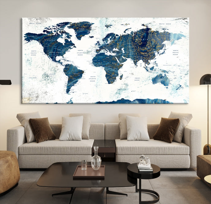 Navy Blue Abstract World Map Canvas Painting Framed Wall Art Canvas Print