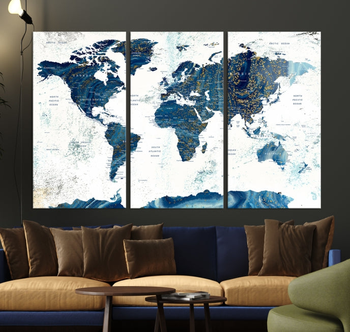 Navy Blue Abstract World Map Canvas Painting Framed Wall Art Canvas Print