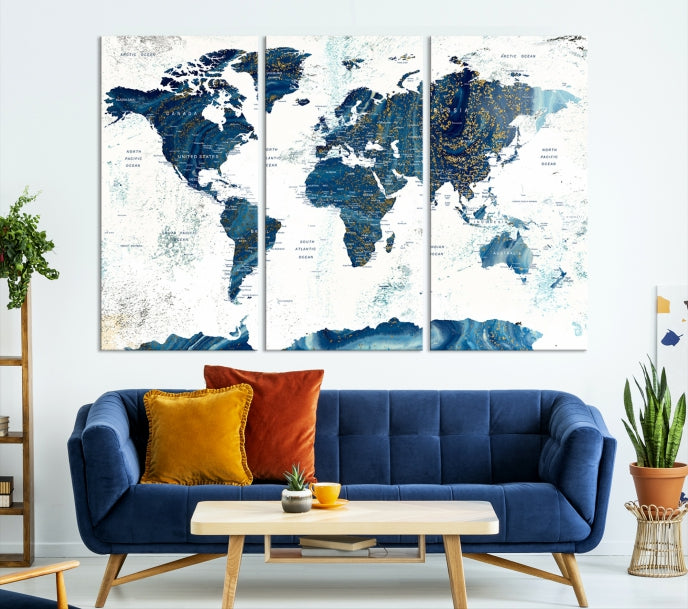 Navy Blue Abstract World Map Canvas Painting Framed Wall Art Canvas Print