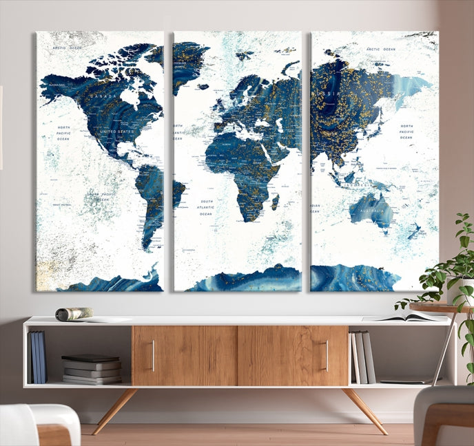 Navy Blue Abstract World Map Canvas Painting Framed Wall Art Canvas Print