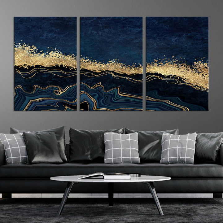 Navy Blue and Gold Modern Abstract Canvas Wall Art Giclee Print