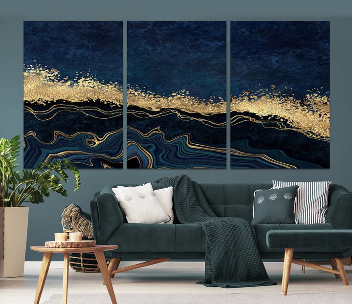 Navy Blue and Gold Modern Abstract Canvas Wall Art Giclee Print