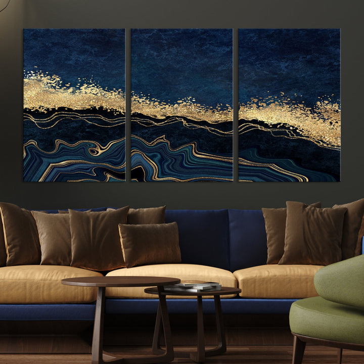 Navy Blue and Gold Modern Abstract Canvas Wall Art Giclee Print