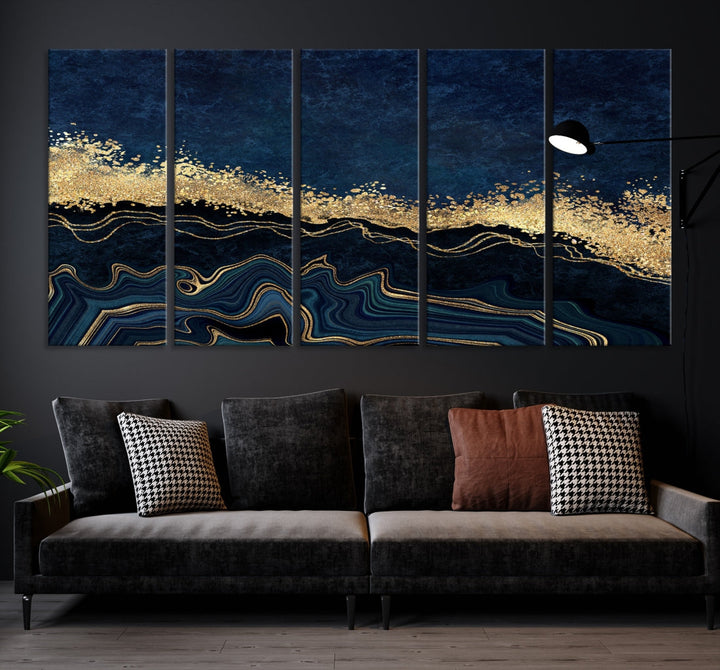 Navy Blue and Gold Modern Abstract Canvas Wall Art Giclee Print