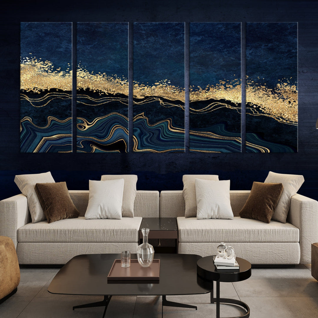 Navy Blue and Gold Modern Abstract Canvas Wall Art Giclee Print