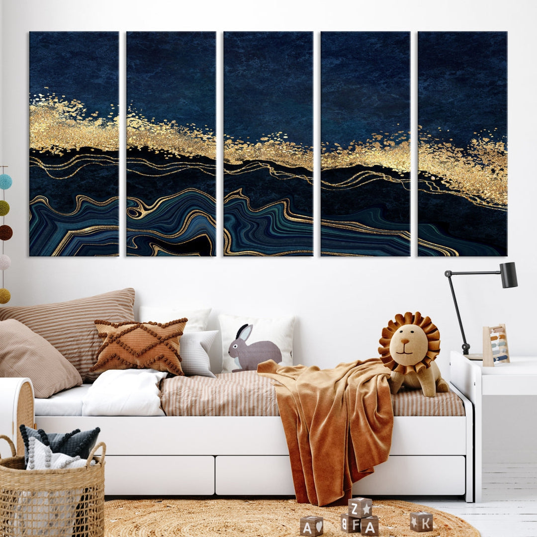 Navy Blue and Gold Modern Abstract Canvas Wall Art Giclee Print