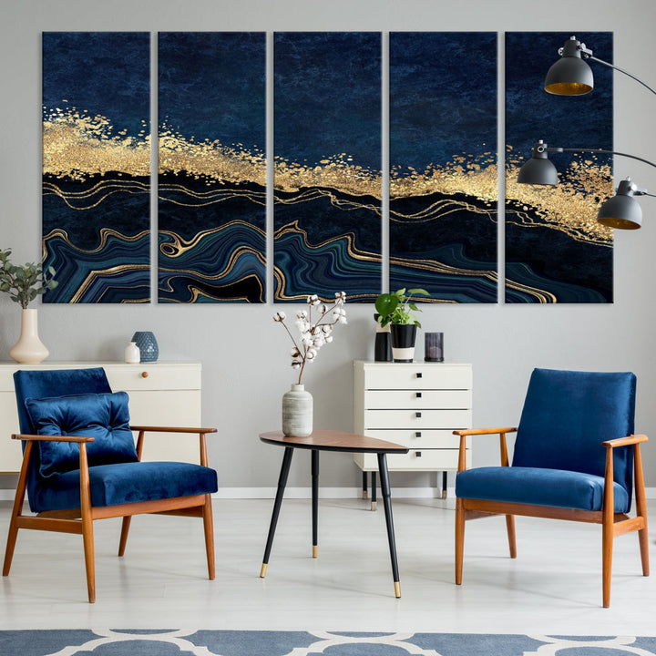 Navy Blue and Gold Modern Abstract Canvas Wall Art Giclee Print