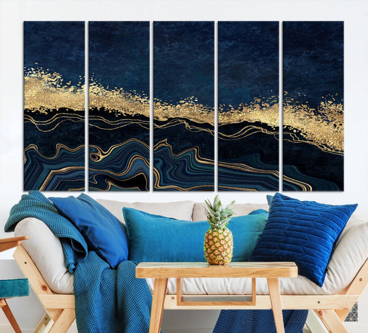 Navy Blue and Gold Modern Abstract Canvas Wall Art Giclee Print