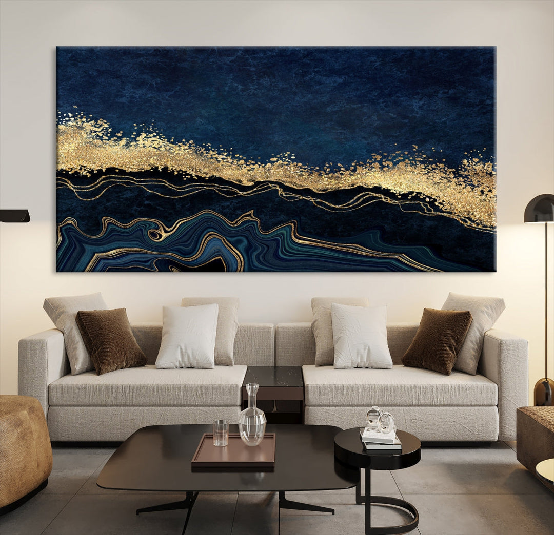 Navy Blue and Gold Modern Abstract Canvas Wall Art Giclee Print