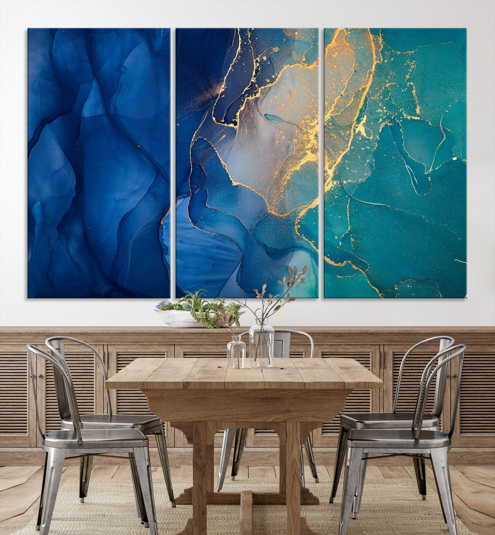 Navy Blue and Green Gold Modern Abstract Canvas Wall Art Giclee Print