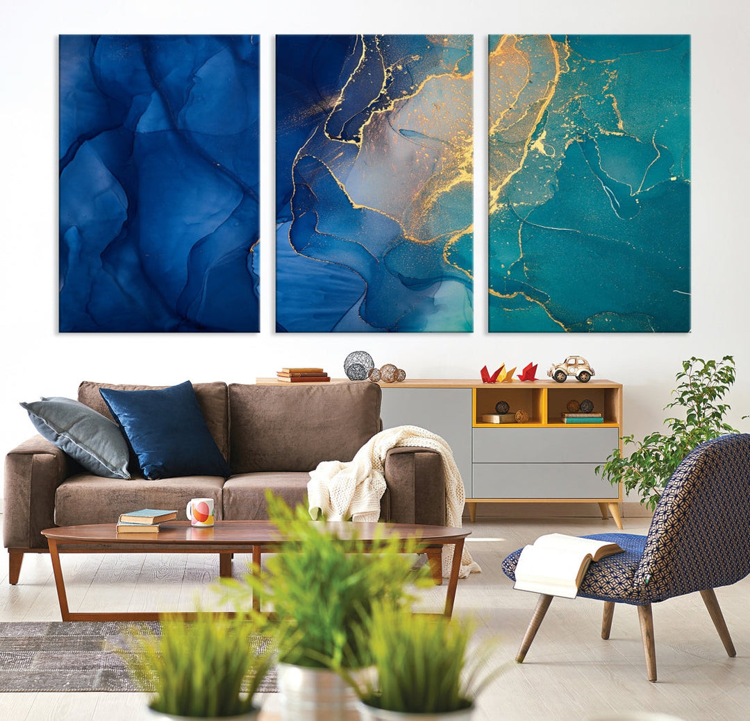 Navy Blue and Green Gold Modern Abstract Canvas Wall Art Giclee Print