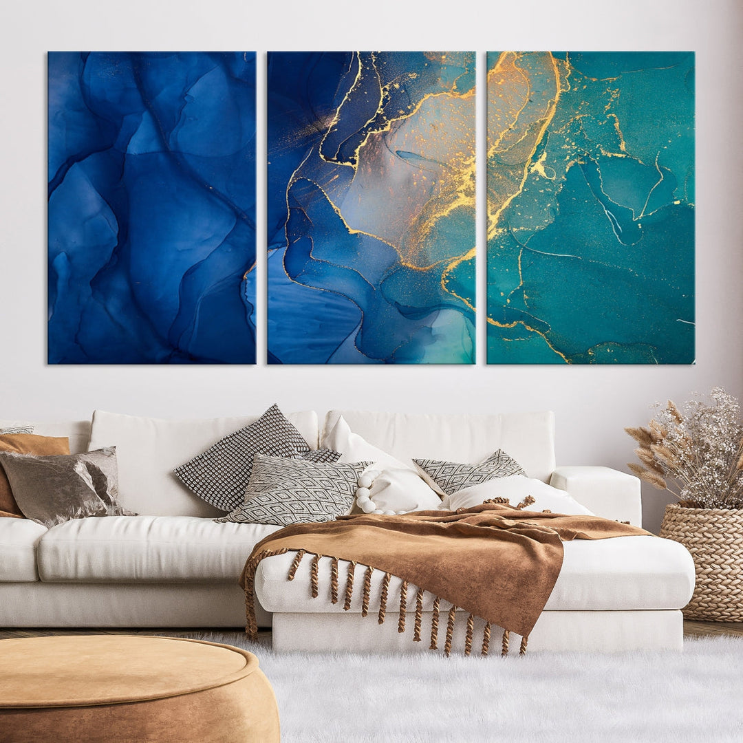 Navy Blue and Green Gold Modern Abstract Canvas Wall Art Giclee Print