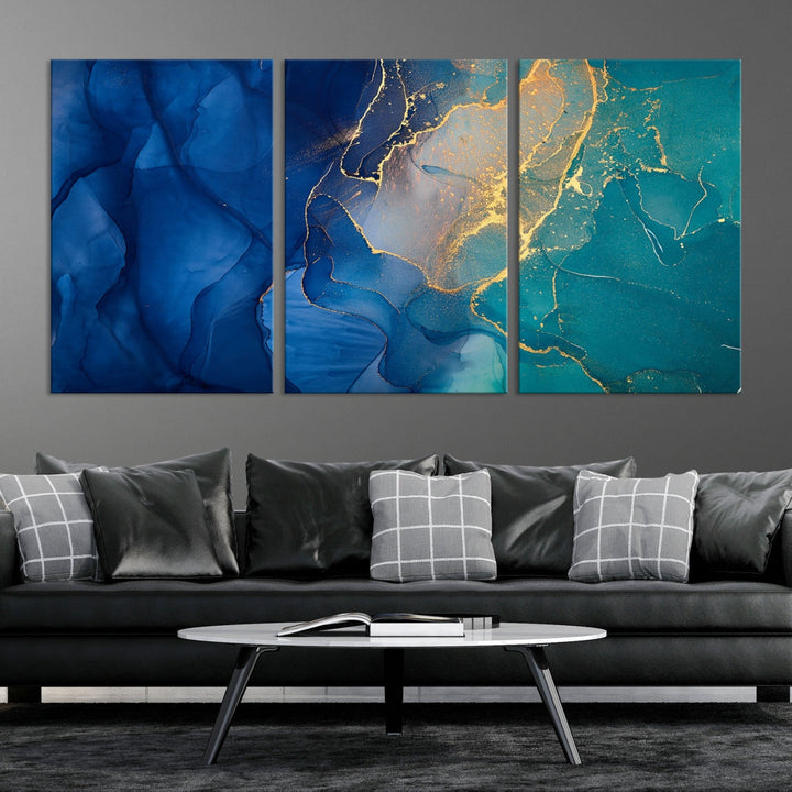 Navy Blue and Green Gold Modern Abstract Canvas Wall Art Giclee Print