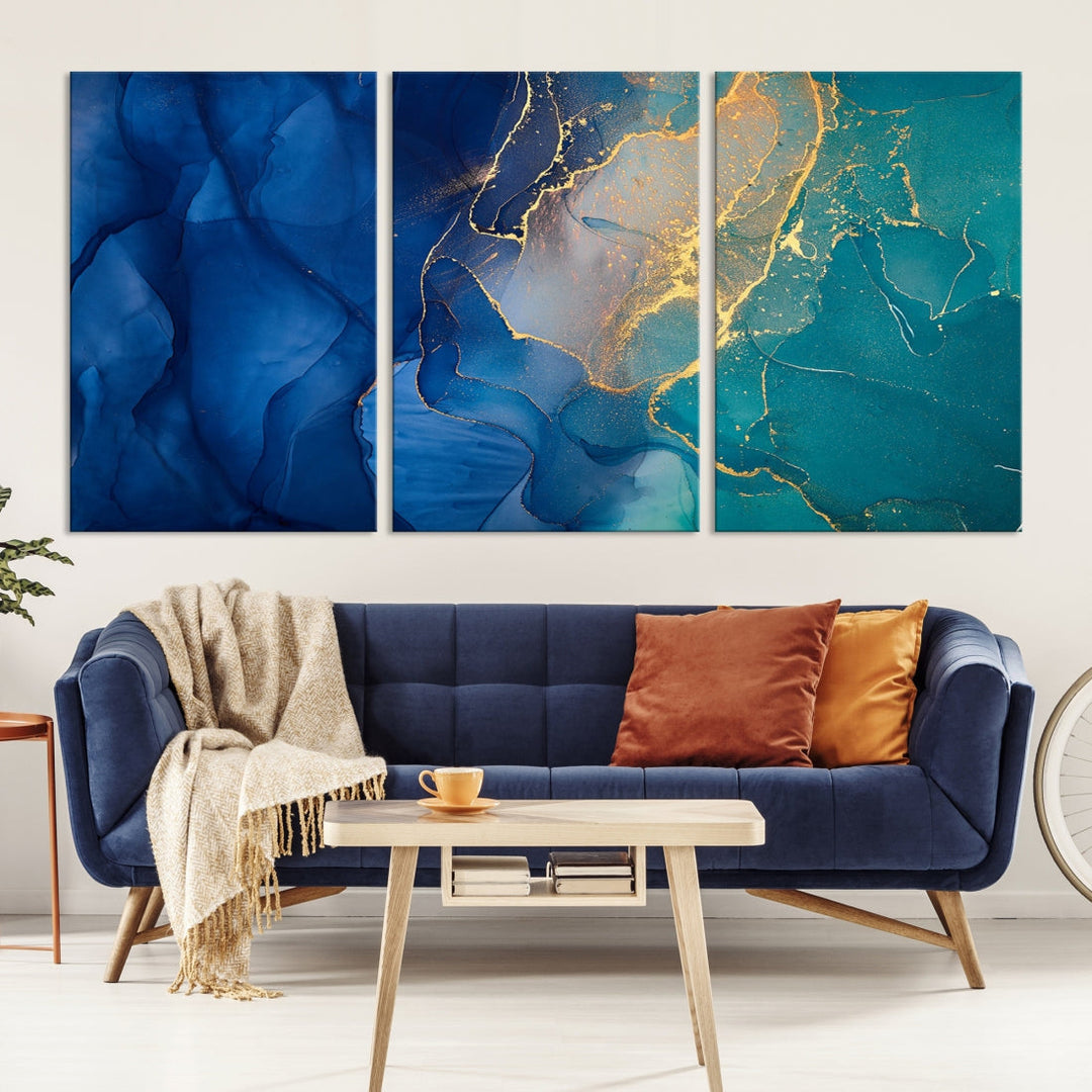 Navy Blue and Green Gold Modern Abstract Canvas Wall Art Giclee Print