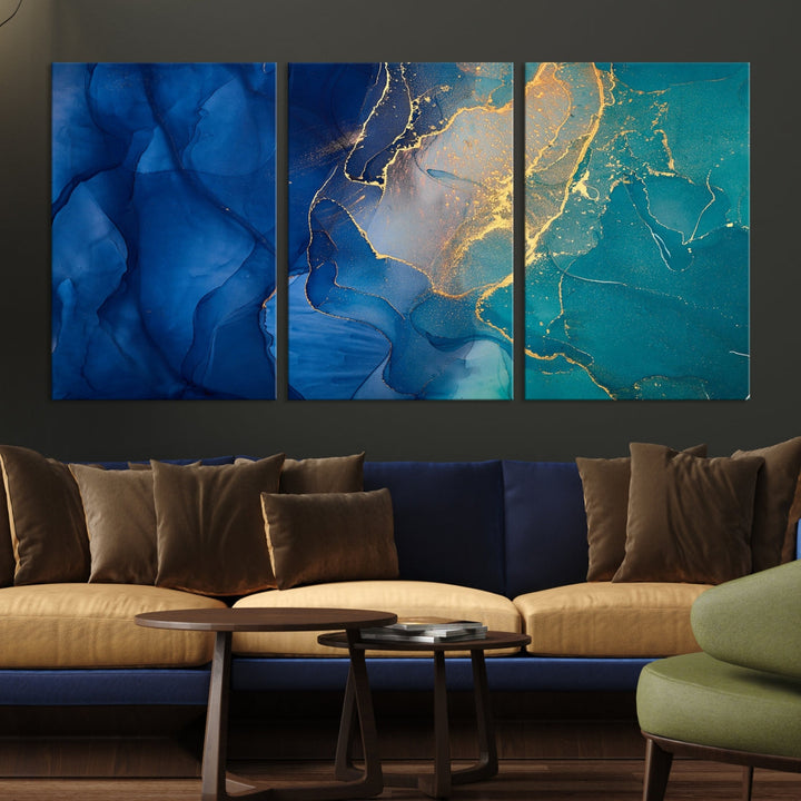 Navy Blue and Green Gold Modern Abstract Canvas Wall Art Giclee Print