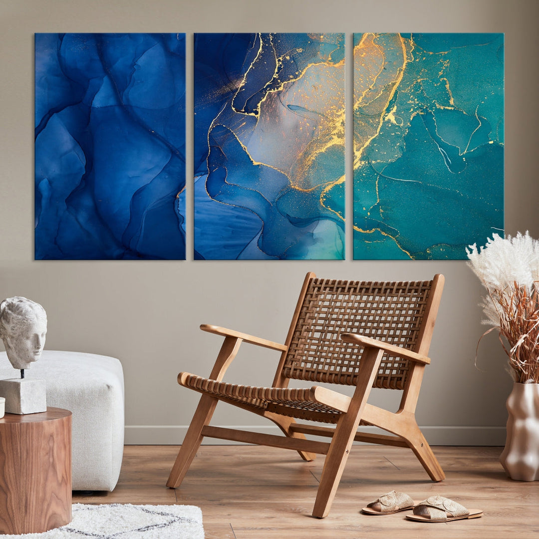 Navy Blue and Green Gold Modern Abstract Canvas Wall Art Giclee Print